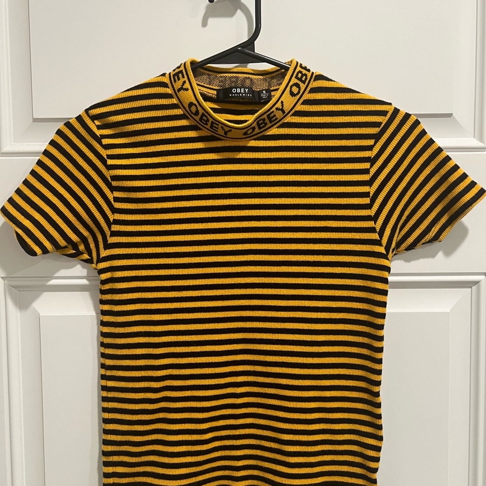 Obey Yellow and Black Striped Shirt